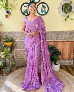 Charming Lavender Color Georgette And Sequins With Thread Work Saree For Women