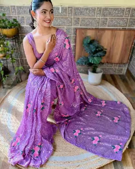 Charming Lavender Color Georgette And Sequins With Thread Work Saree For Women