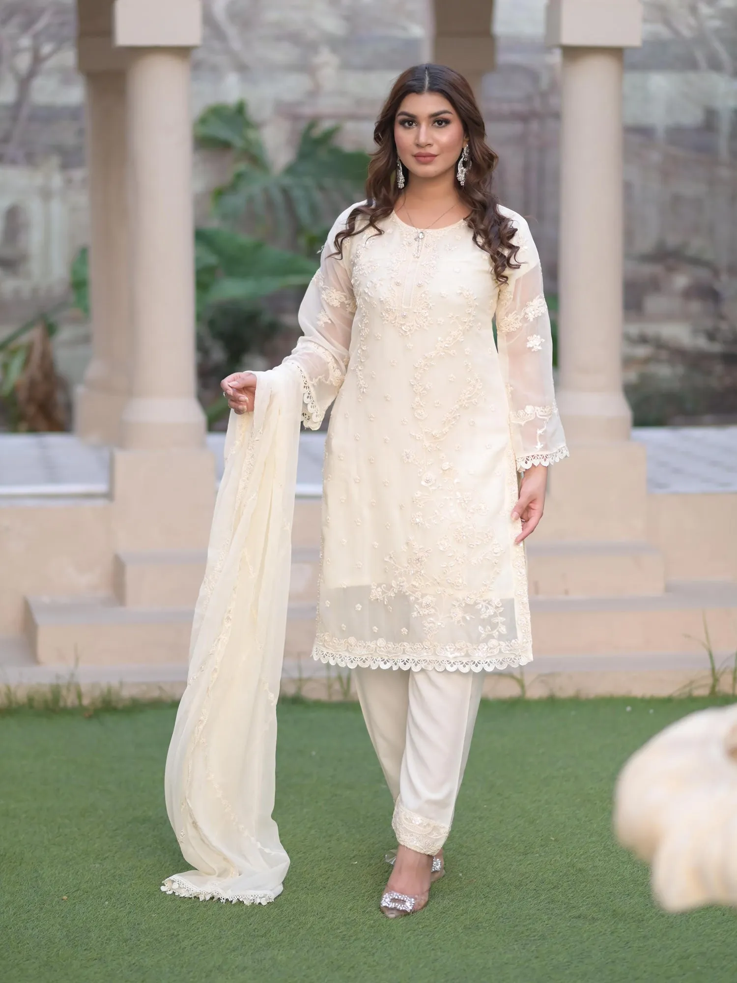 Cream Embroidered Chiffon 3-Piece Suit