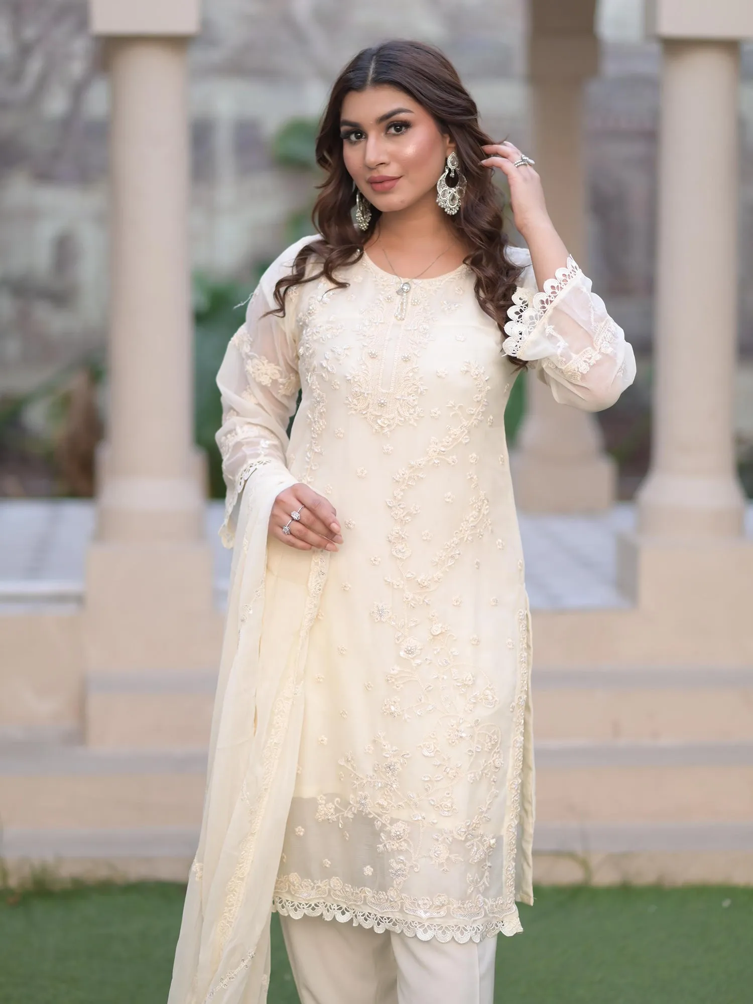 Cream Embroidered Chiffon 3-Piece Suit