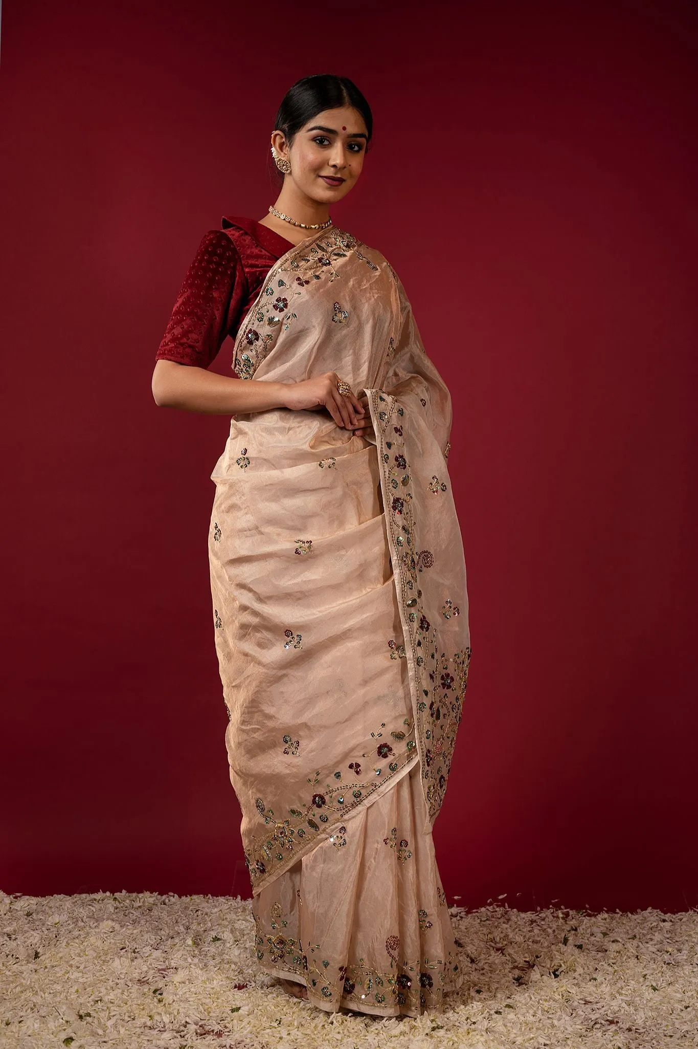 Cream Handloom Tissue Saree