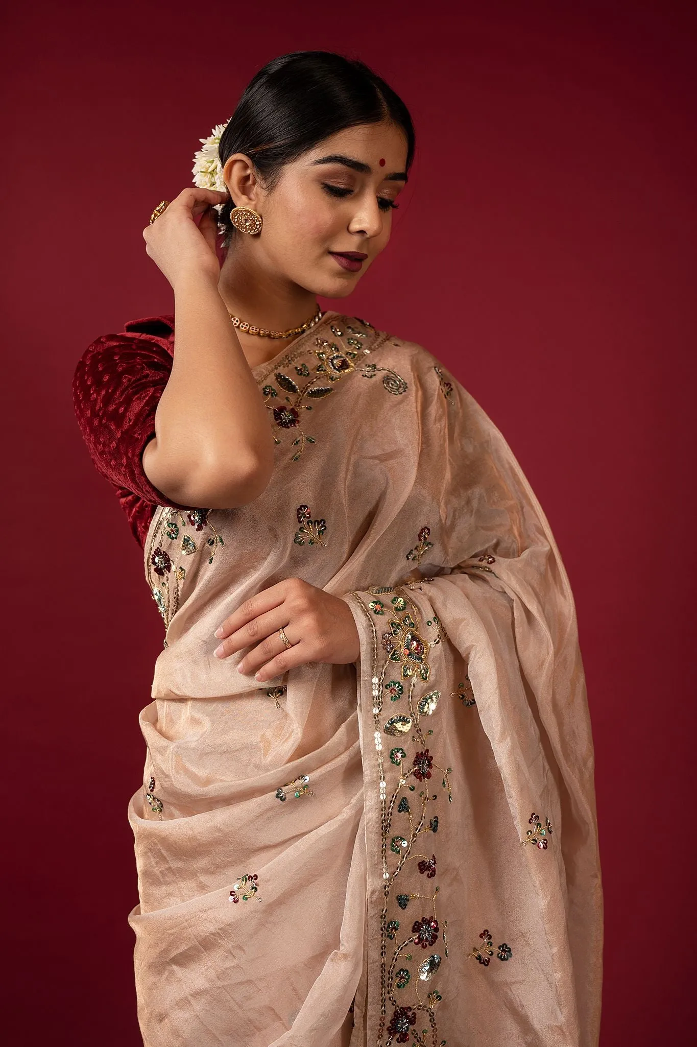 Cream Handloom Tissue Saree