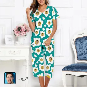 Custom Face Poached Eggs Women's Loungewear Set Short Sleeve Shirt and Capri Pants Sleepwear Pajama Set