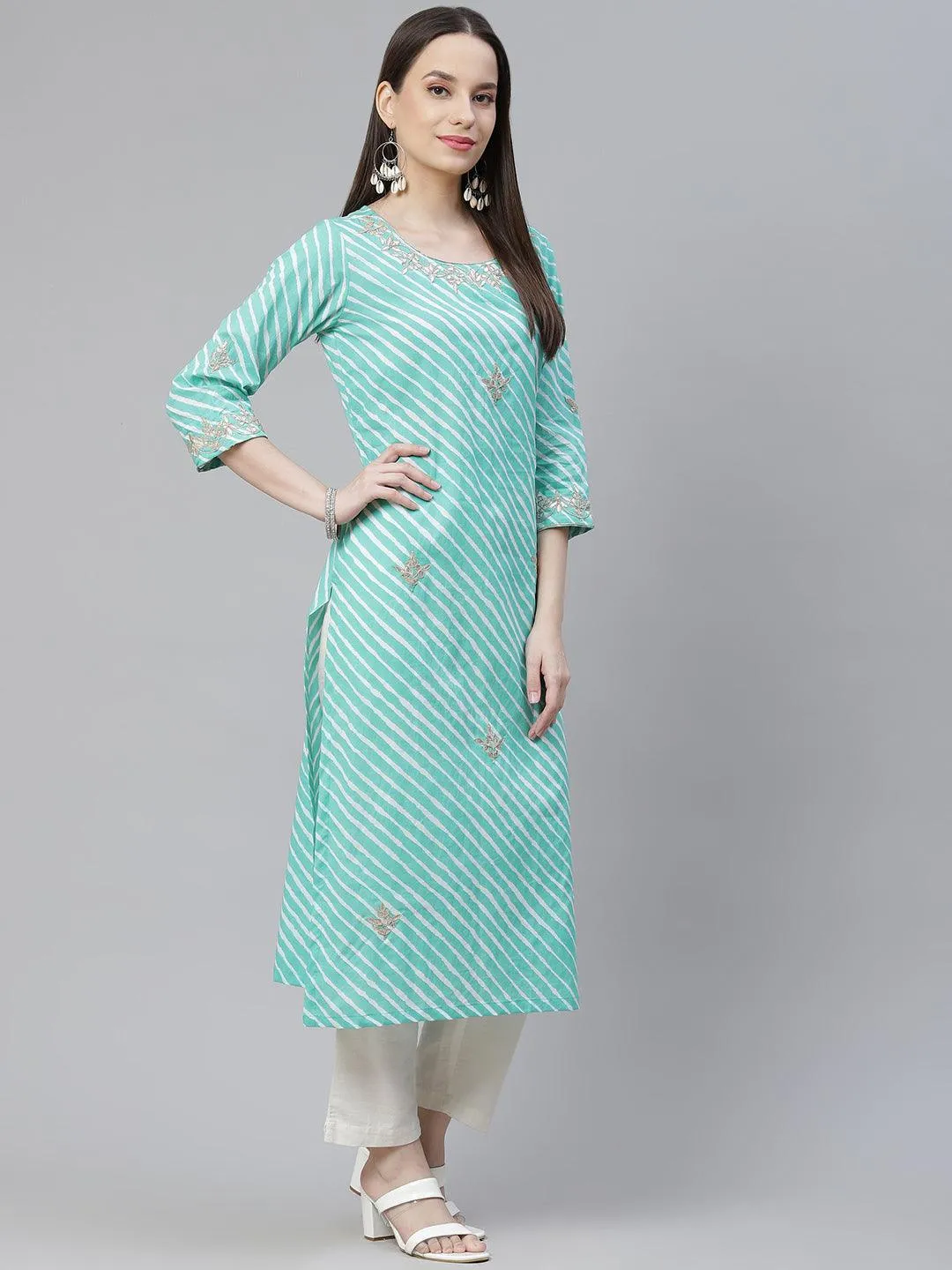 Divena Green Leheriya Cotton Gota Patti  Straight Kurta