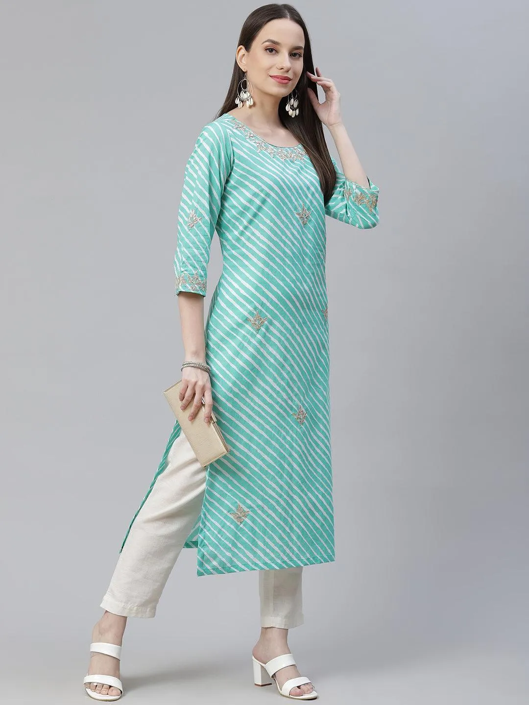 Divena Green Leheriya Cotton Gota Patti  Straight Kurta