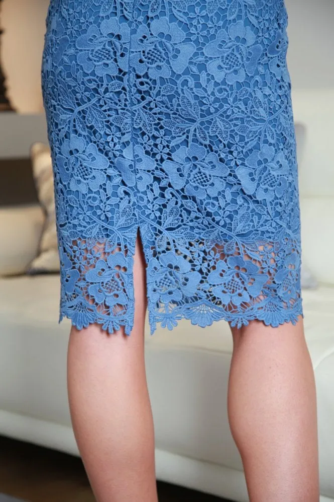 Double Second Blue Guipure Fitted Lace Dress