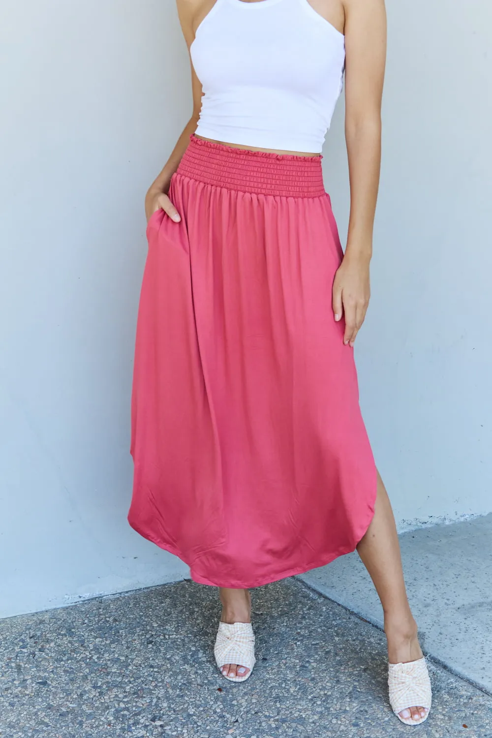 Doublju Comfort Princess Full Size High Waist Scoop Hem Maxi Skirt in Hot Pink