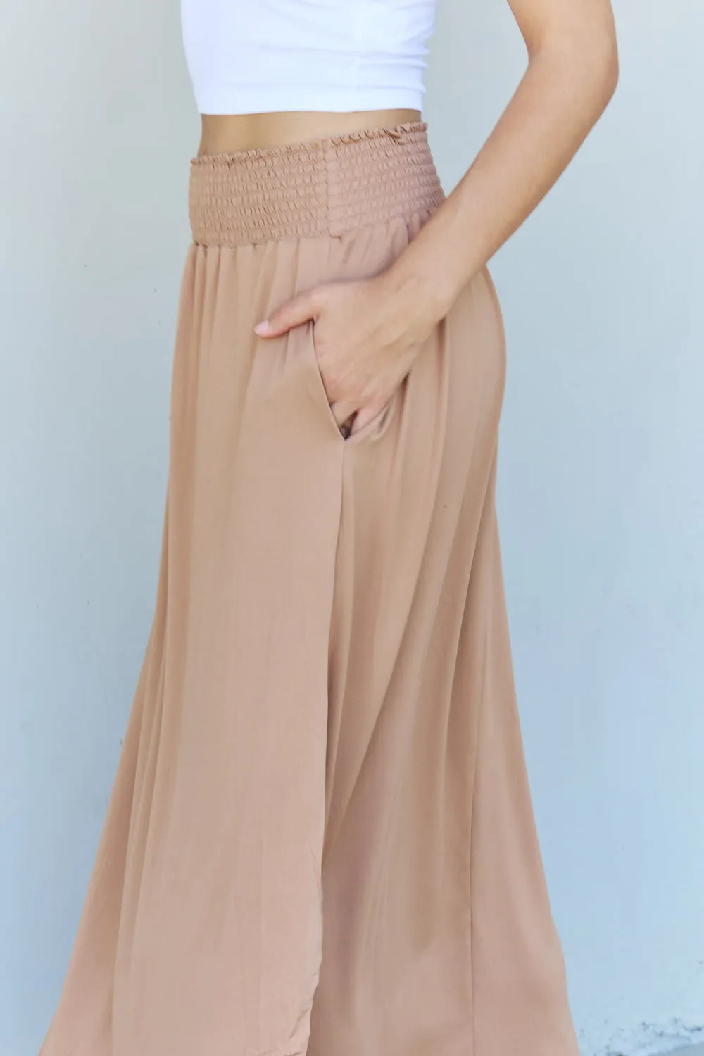 Doublju Comfort Princess Full Size High Waist Scoop Hem Maxi Skirt in Tan