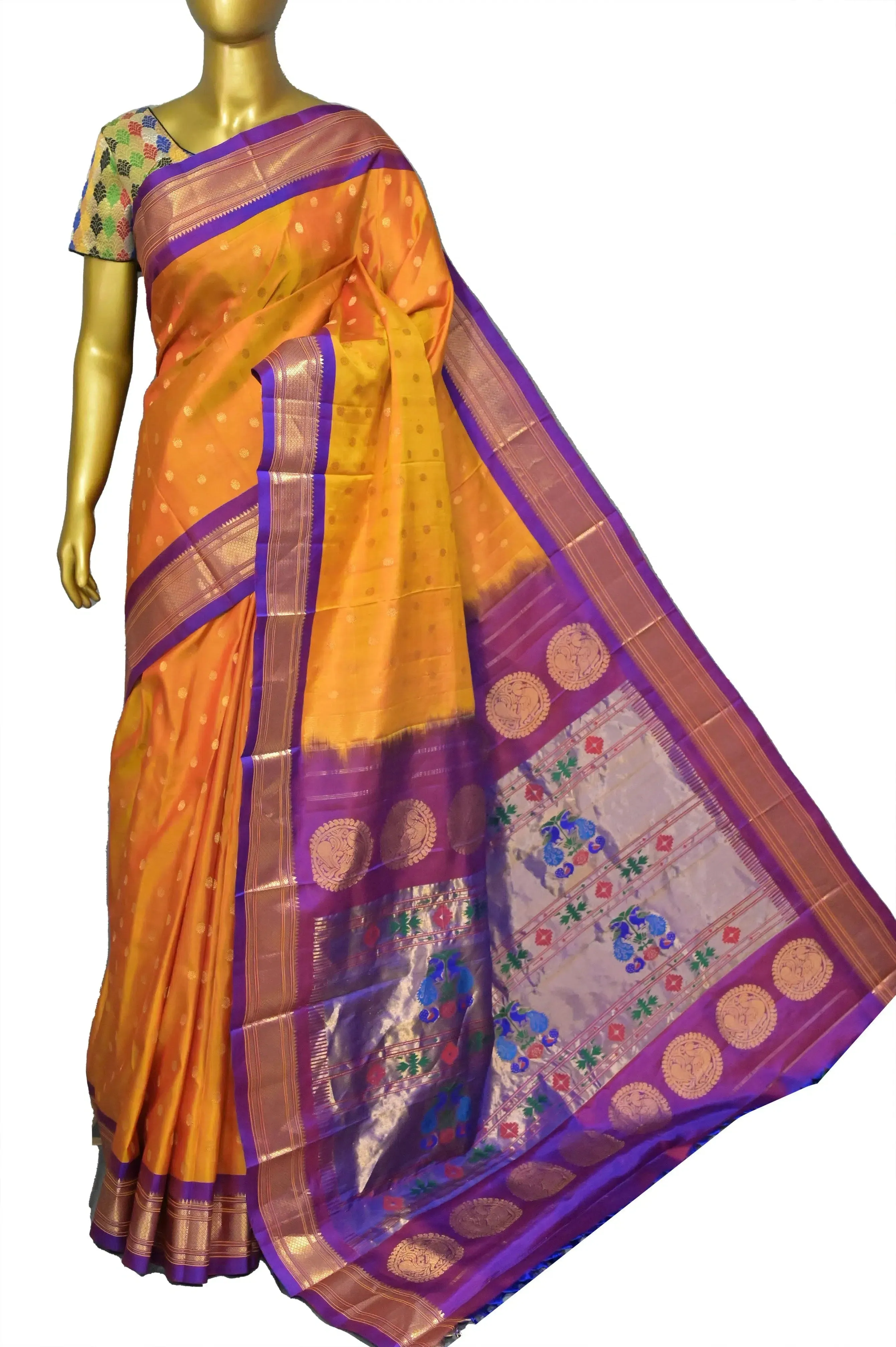 Dual Tone Fire Yellow Color Pure Maharani Paithani Silk Saree