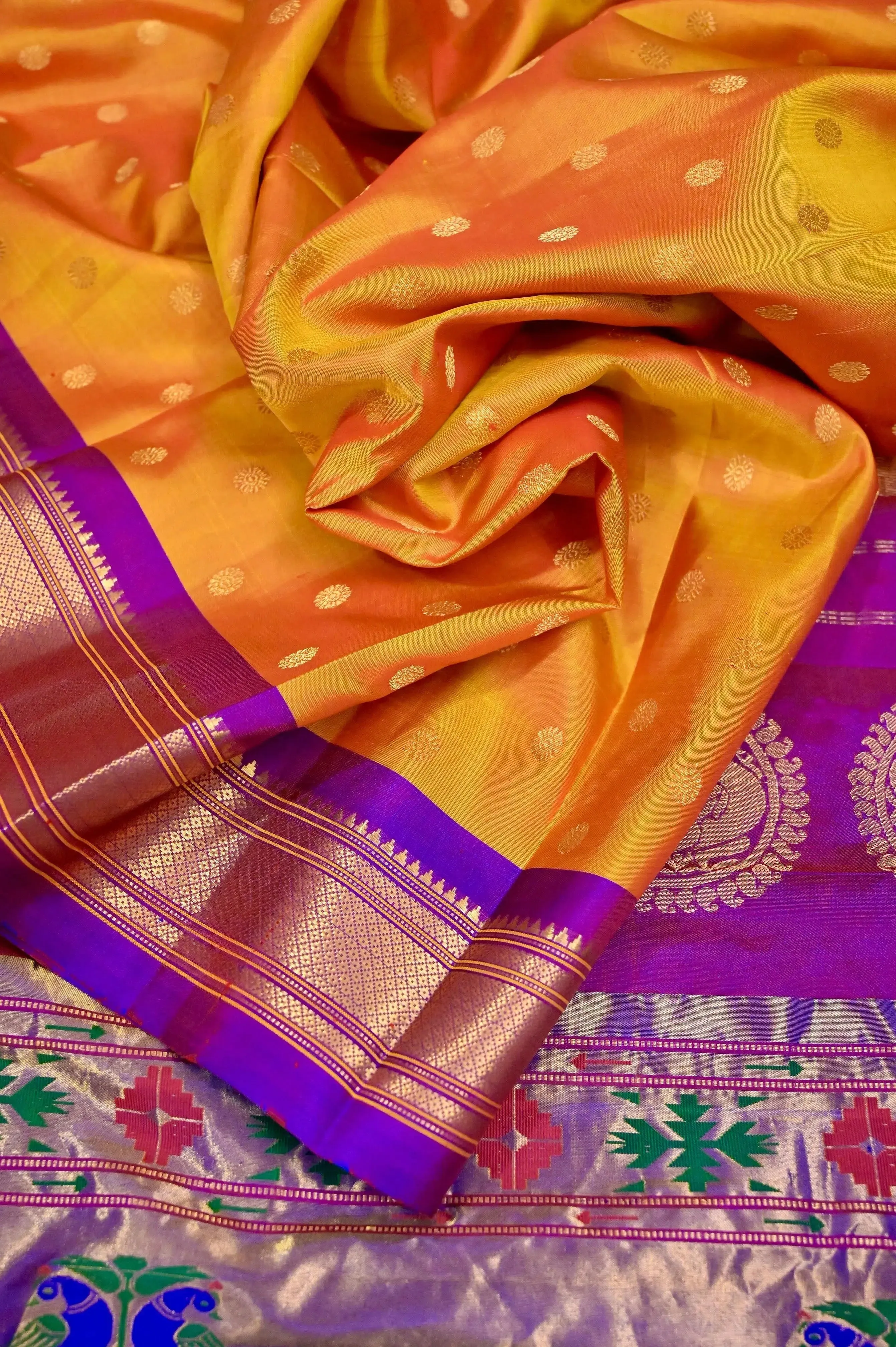 Dual Tone Fire Yellow Color Pure Maharani Paithani Silk Saree