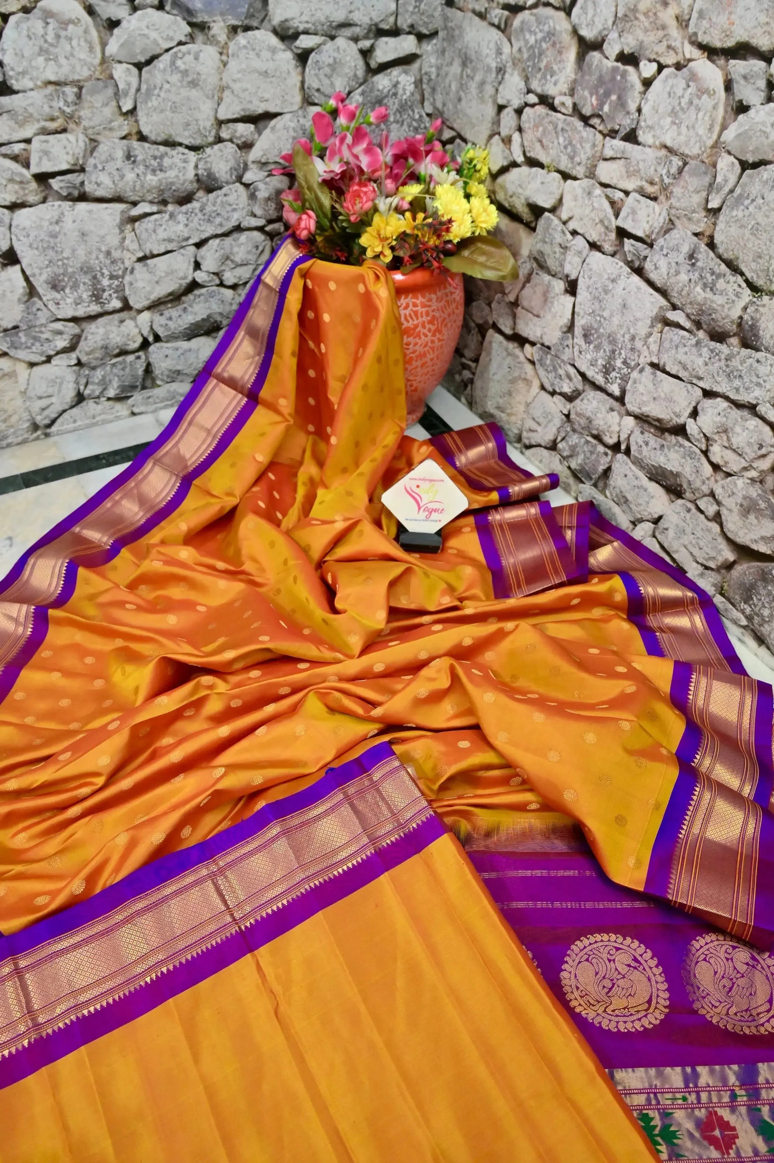 Dual Tone Fire Yellow Color Pure Maharani Paithani Silk Saree