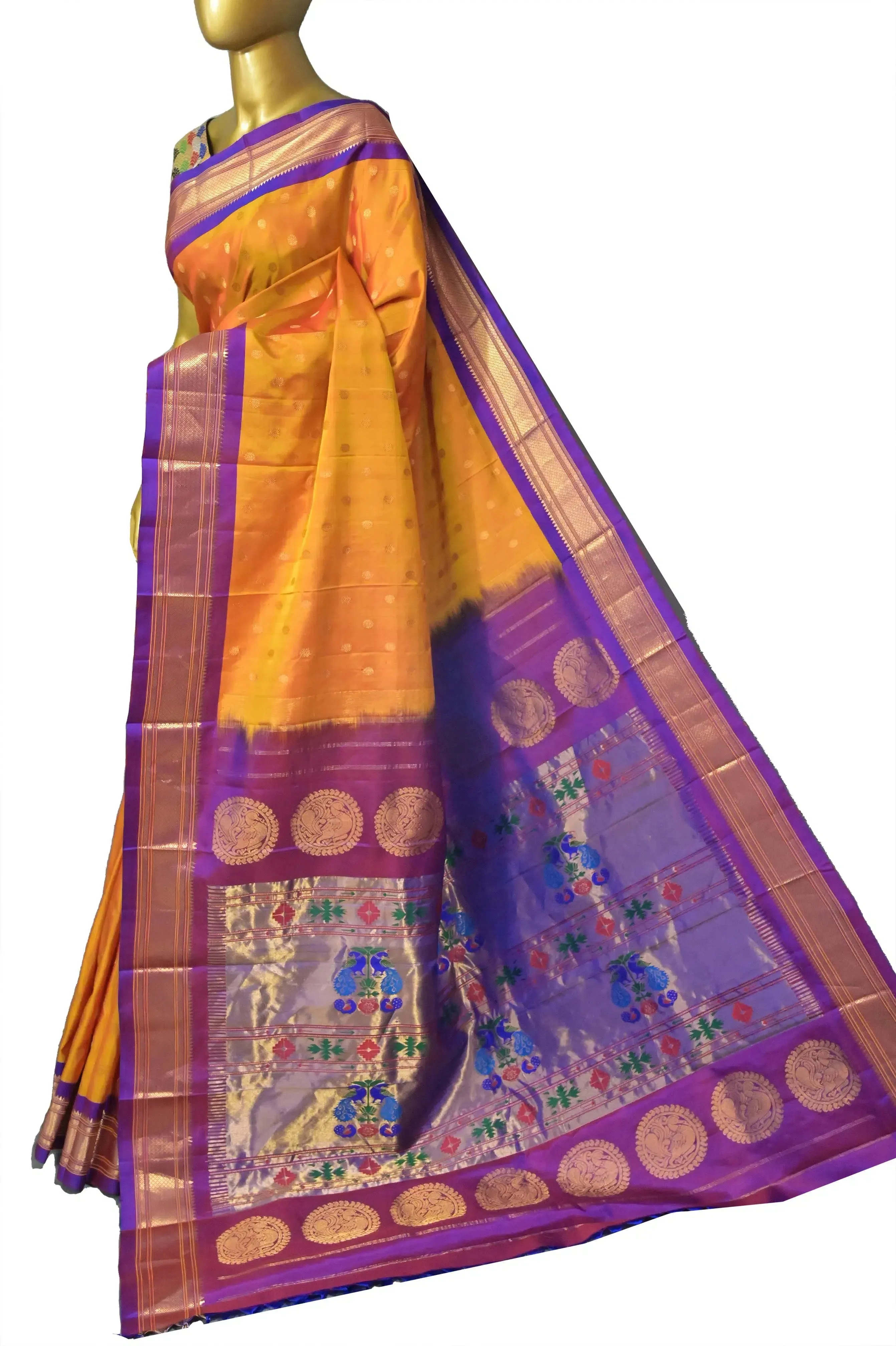 Dual Tone Fire Yellow Color Pure Maharani Paithani Silk Saree