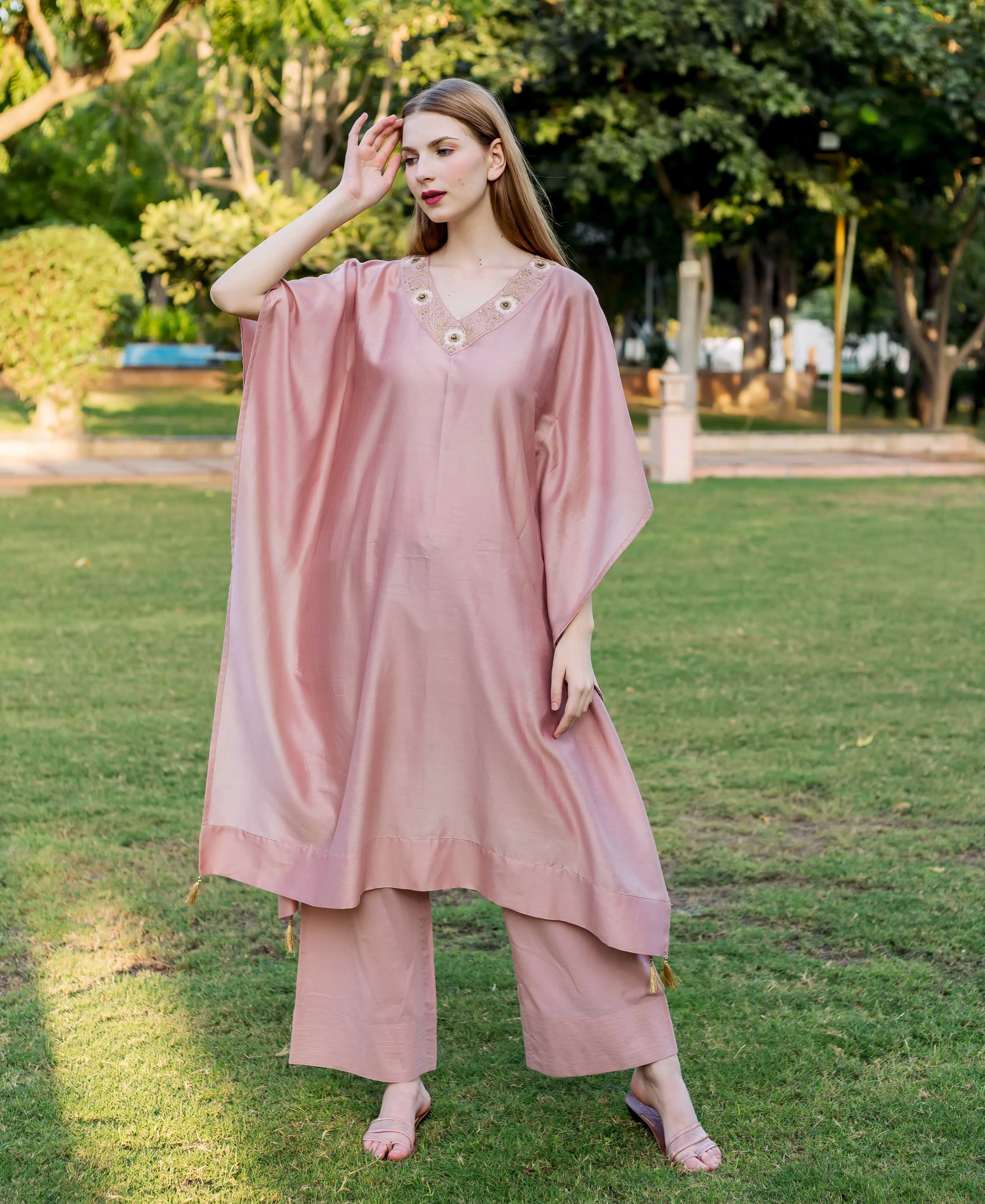 Dusty Pink Hand Embroidered Kaftan