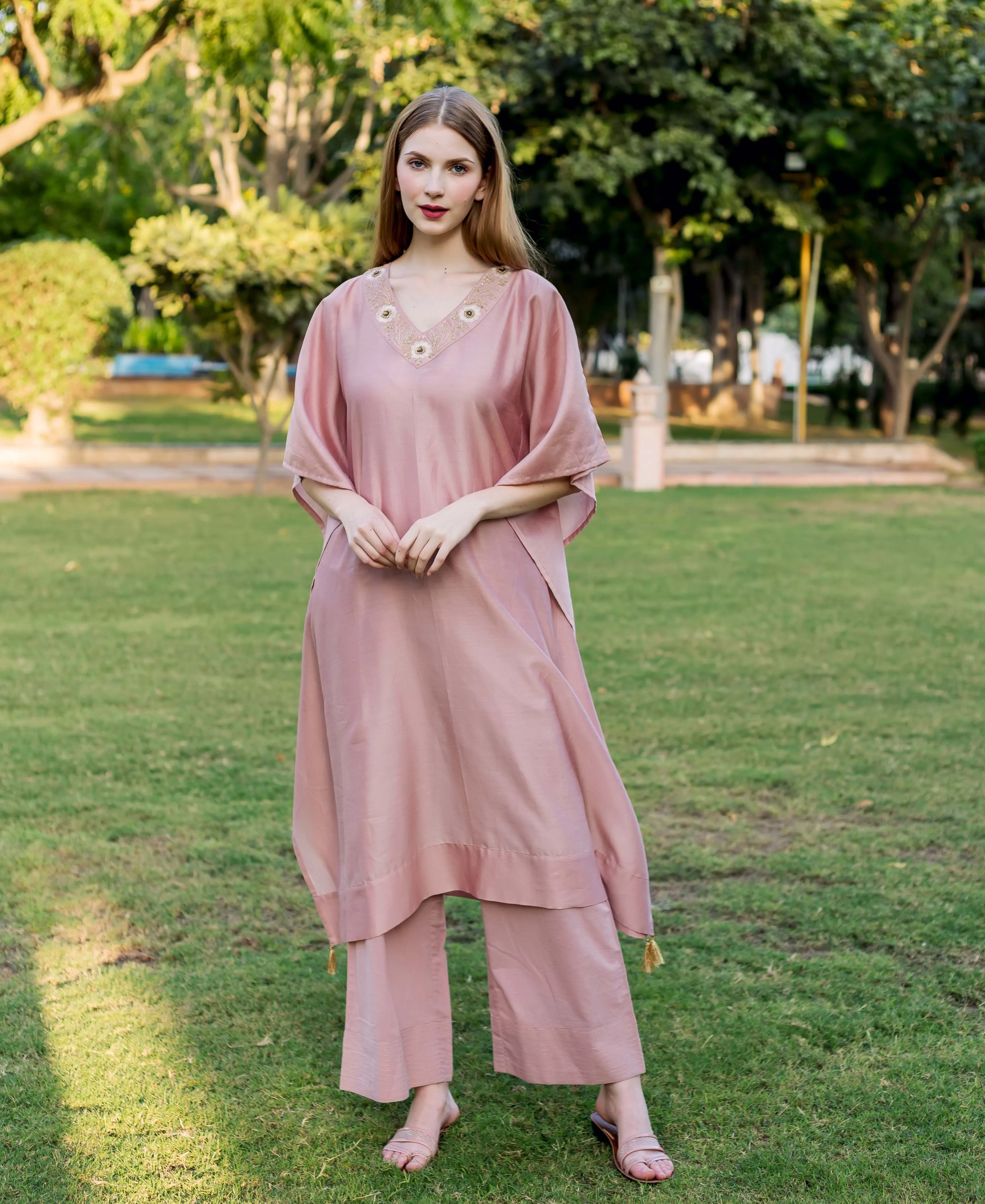 Dusty Pink Hand Embroidered Kaftan