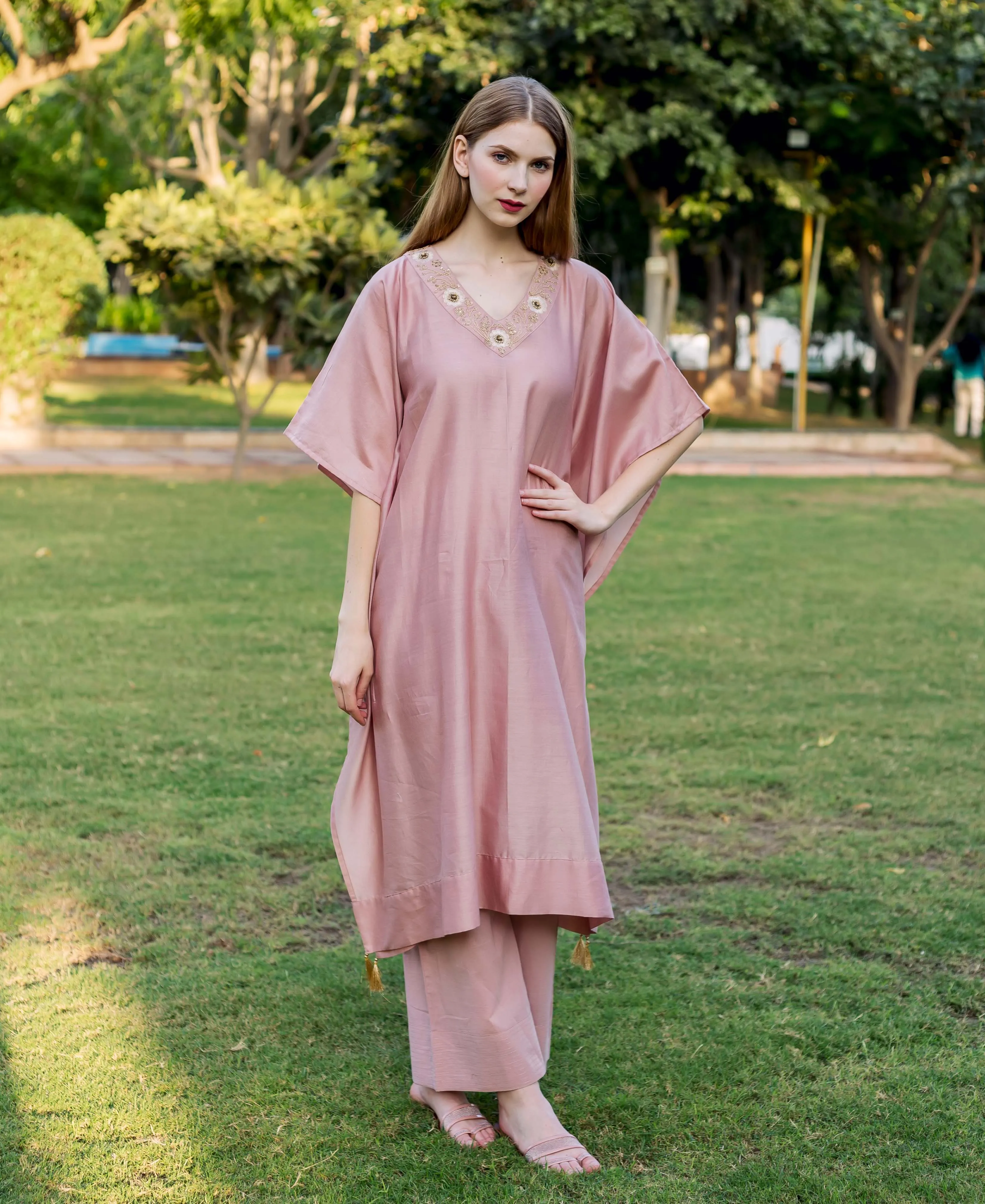 Dusty Pink Hand Embroidered Kaftan