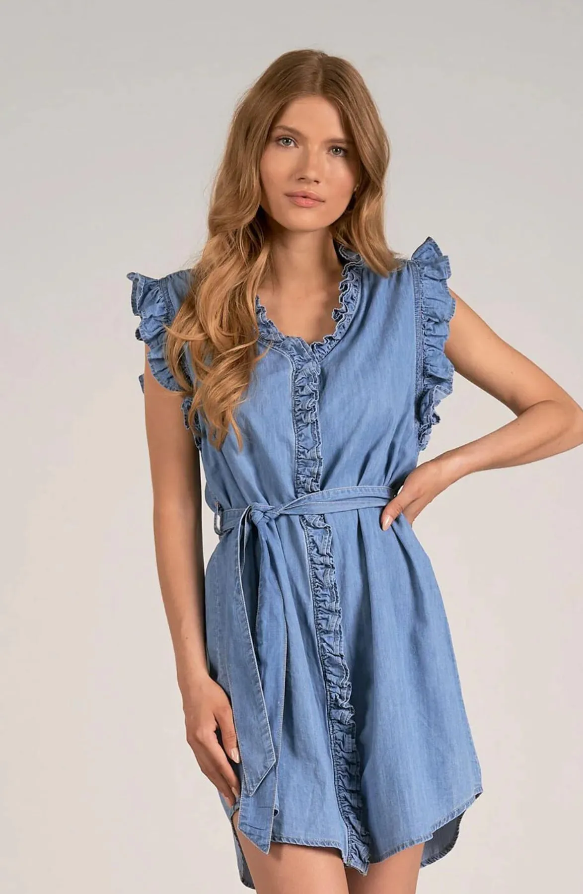 Elan Denim Ruffle Sleeve Dress