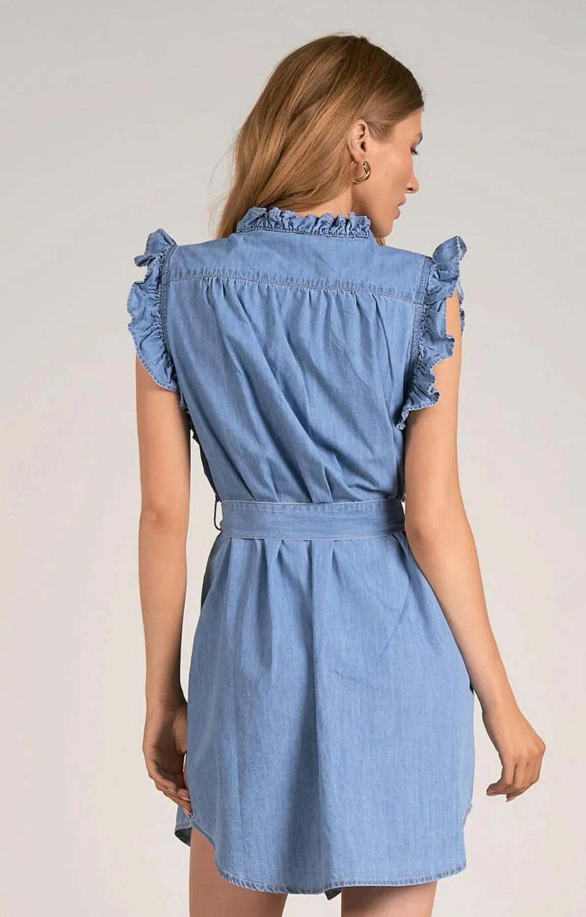 Elan Denim Ruffle Sleeve Dress