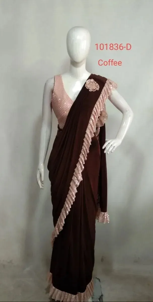 Exclusive Blooming Brown Color Ready To Wear One Minute Lycra Designer Saree