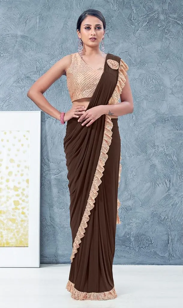 Exclusive Blooming Brown Color Ready To Wear One Minute Lycra Designer Saree