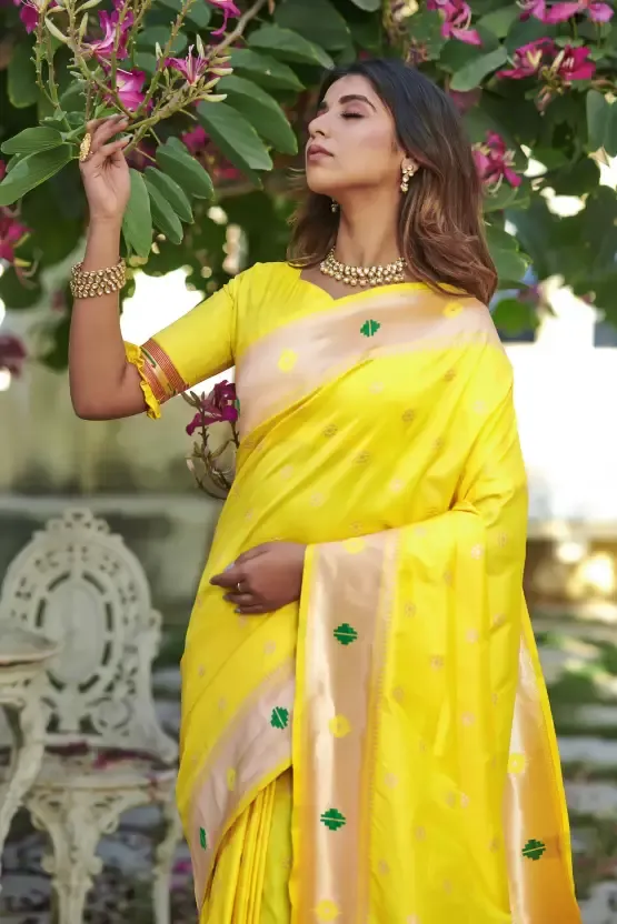 Fabulous Yellow Color Banarasi Soft Silk Paithani Saree With Zari Border And Zari Pallu