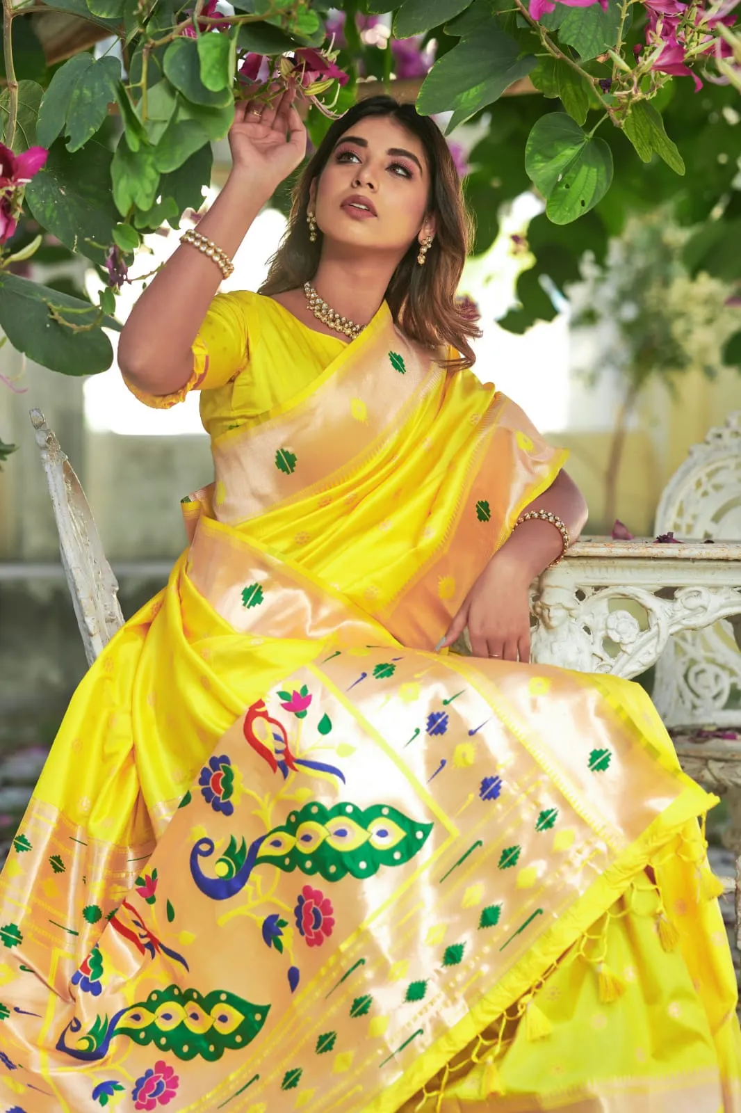 Fabulous Yellow Color Banarasi Soft Silk Paithani Saree With Zari Border And Zari Pallu