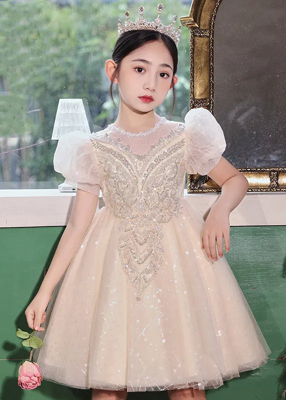 Fashion Champagne O-Neck Patchwork Sequins Tulle Kids Long Dresses Summer XZ041