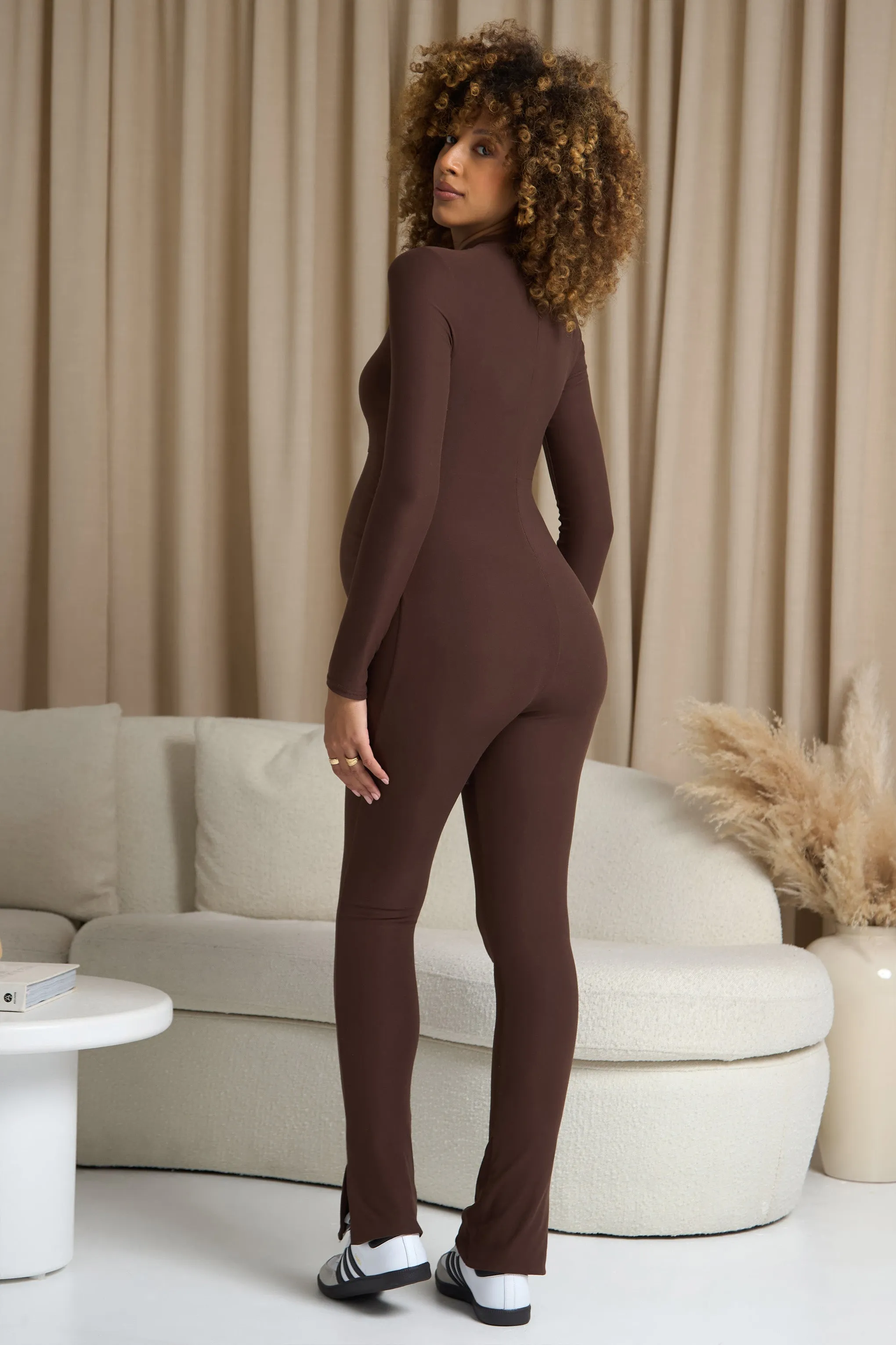 Fia | Chocolate Brown High-Neck Slim-Leg Maternity Jumpsuit