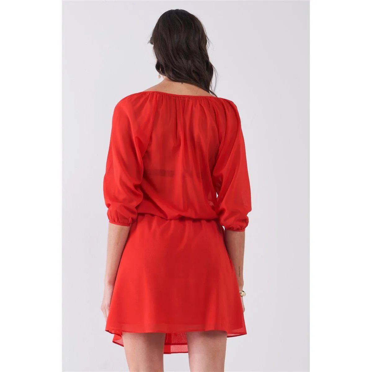 Flame Red Boat Neck Ruffle Collar Midi Sleeve Self-tie Waist Front Button Down Mini Dress