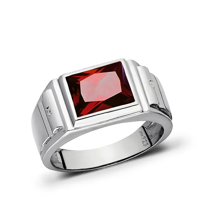 Gemstone 2 Diamonds Modern Men's Band Ring 925 Solid Silver