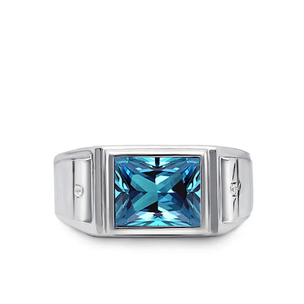 Gemstone 2 Diamonds Modern Men's Band Ring 925 Solid Silver