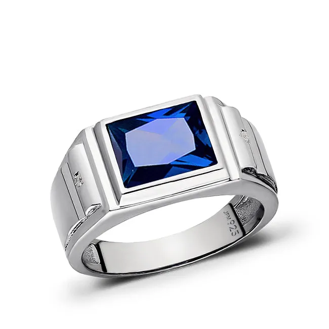 Gemstone 2 Diamonds Modern Men's Band Ring 925 Solid Silver