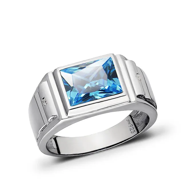 Gemstone 2 Diamonds Modern Men's Band Ring 925 Solid Silver