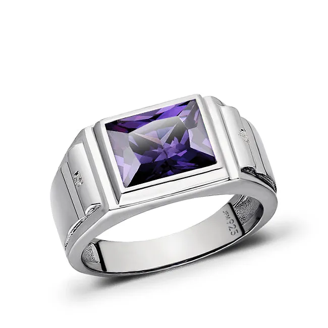 Gemstone 2 Diamonds Modern Men's Band Ring 925 Solid Silver