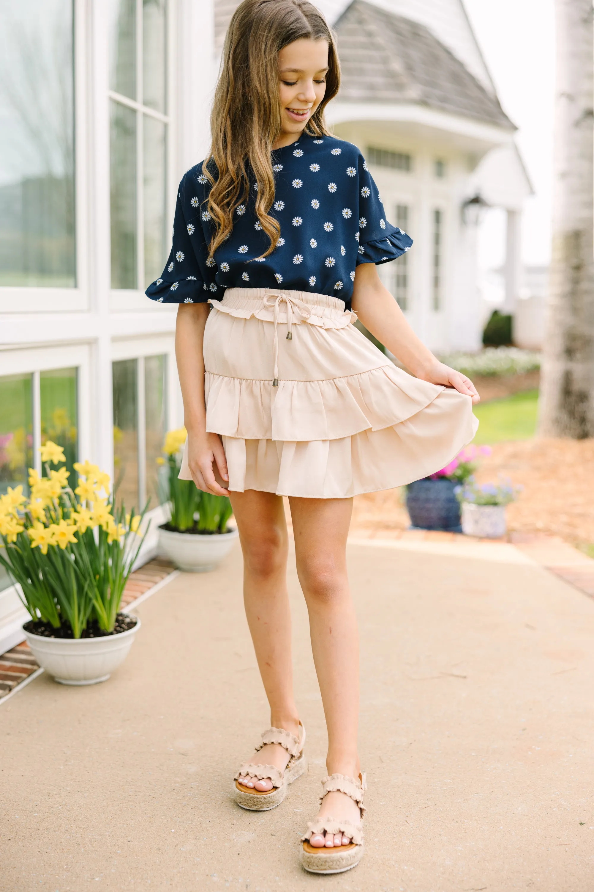 Girls: All I Ask Navy Blue Floral Ruffled Top