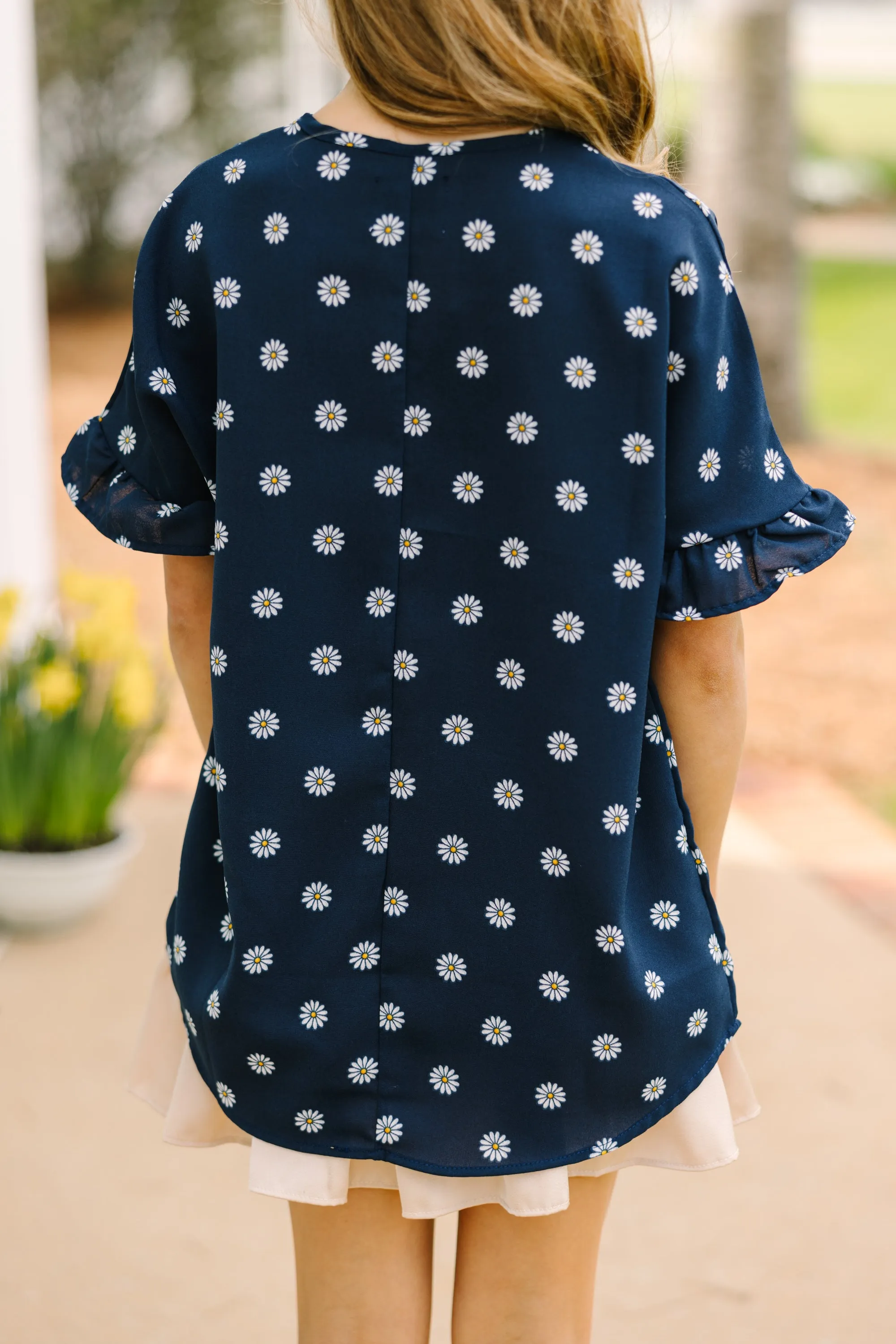 Girls: All I Ask Navy Blue Floral Ruffled Top