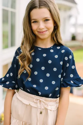 Girls: All I Ask Navy Blue Floral Ruffled Top