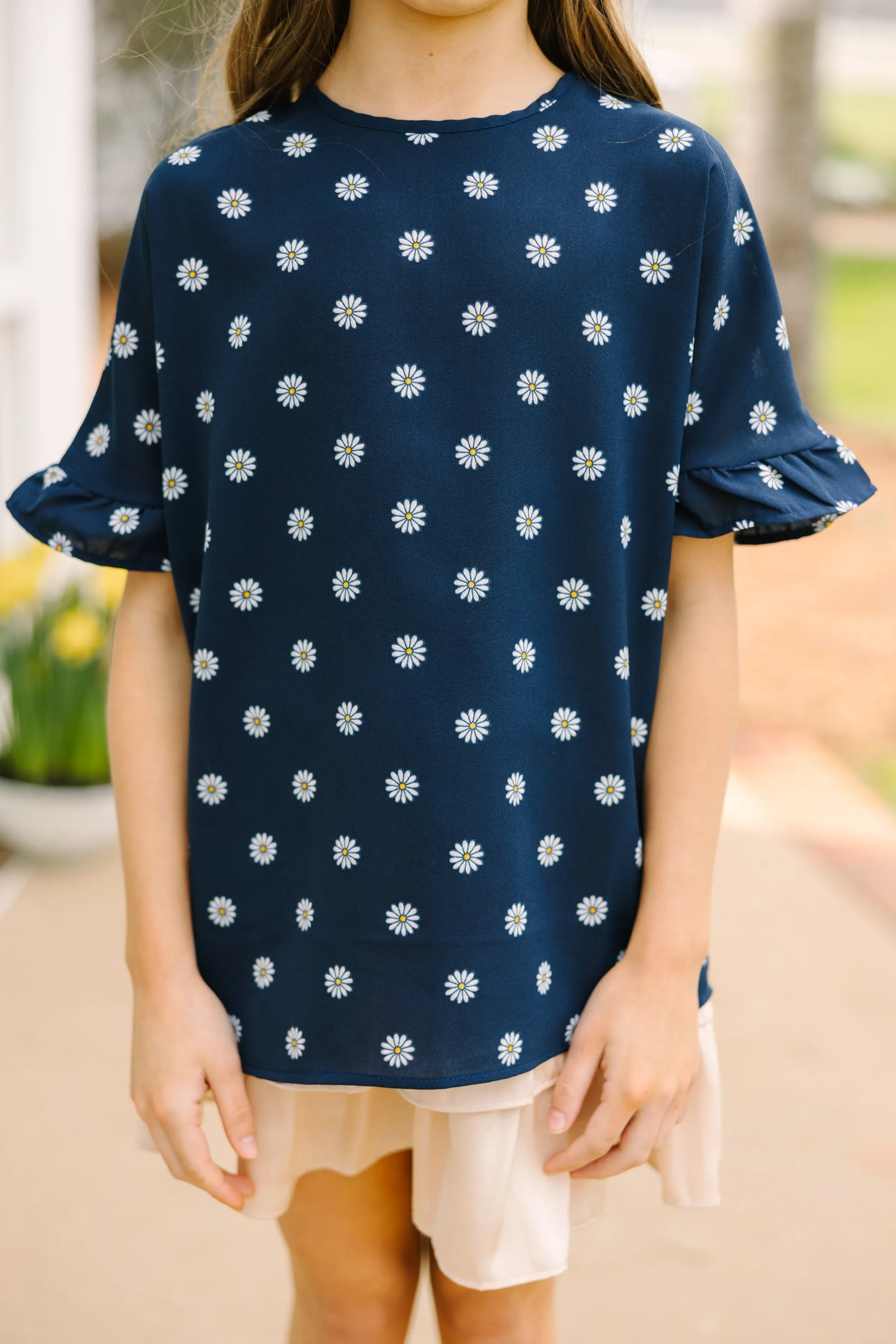 Girls: All I Ask Navy Blue Floral Ruffled Top