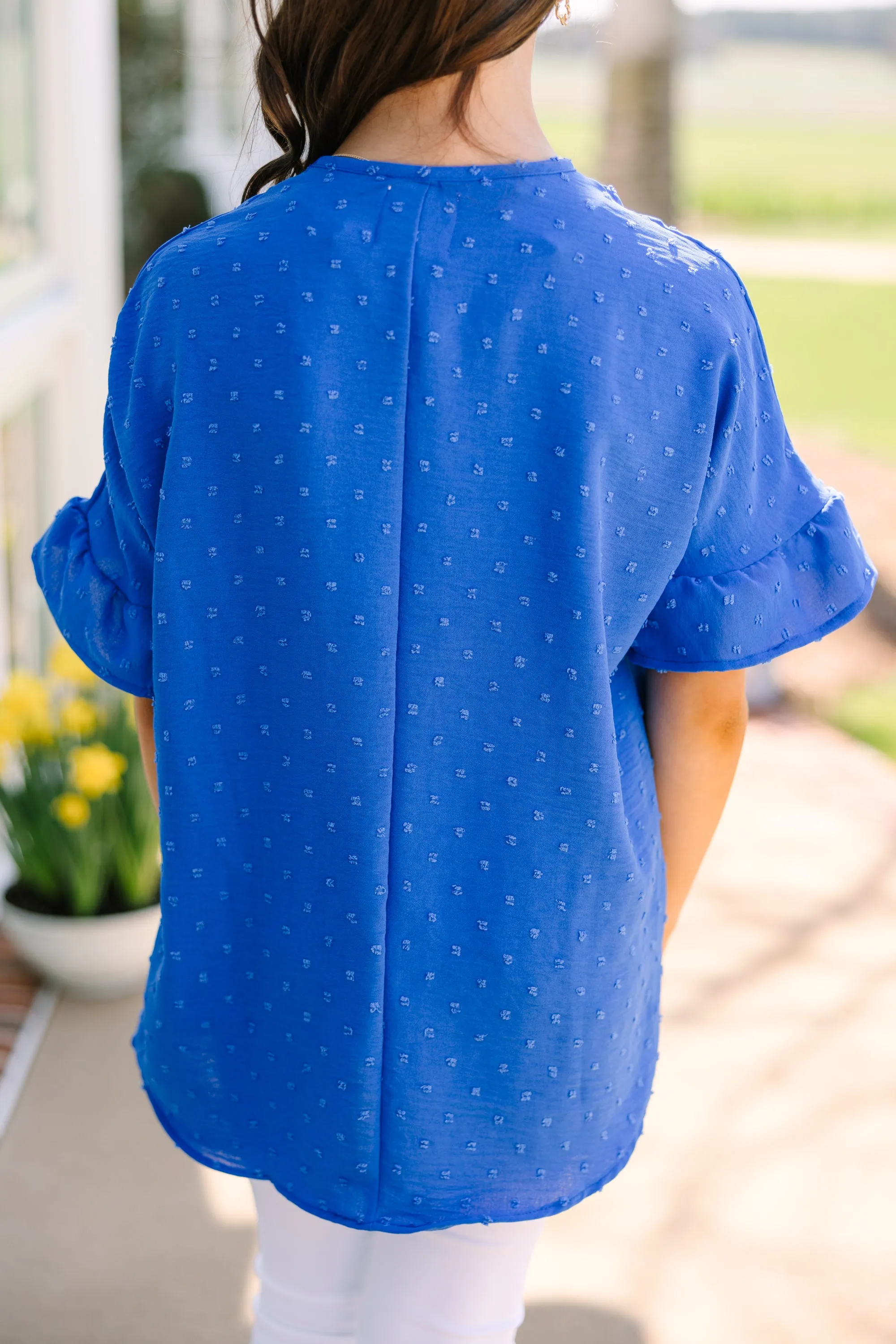 Girls: All I Ask Royal Blue Swiss Dot Ruffled Top