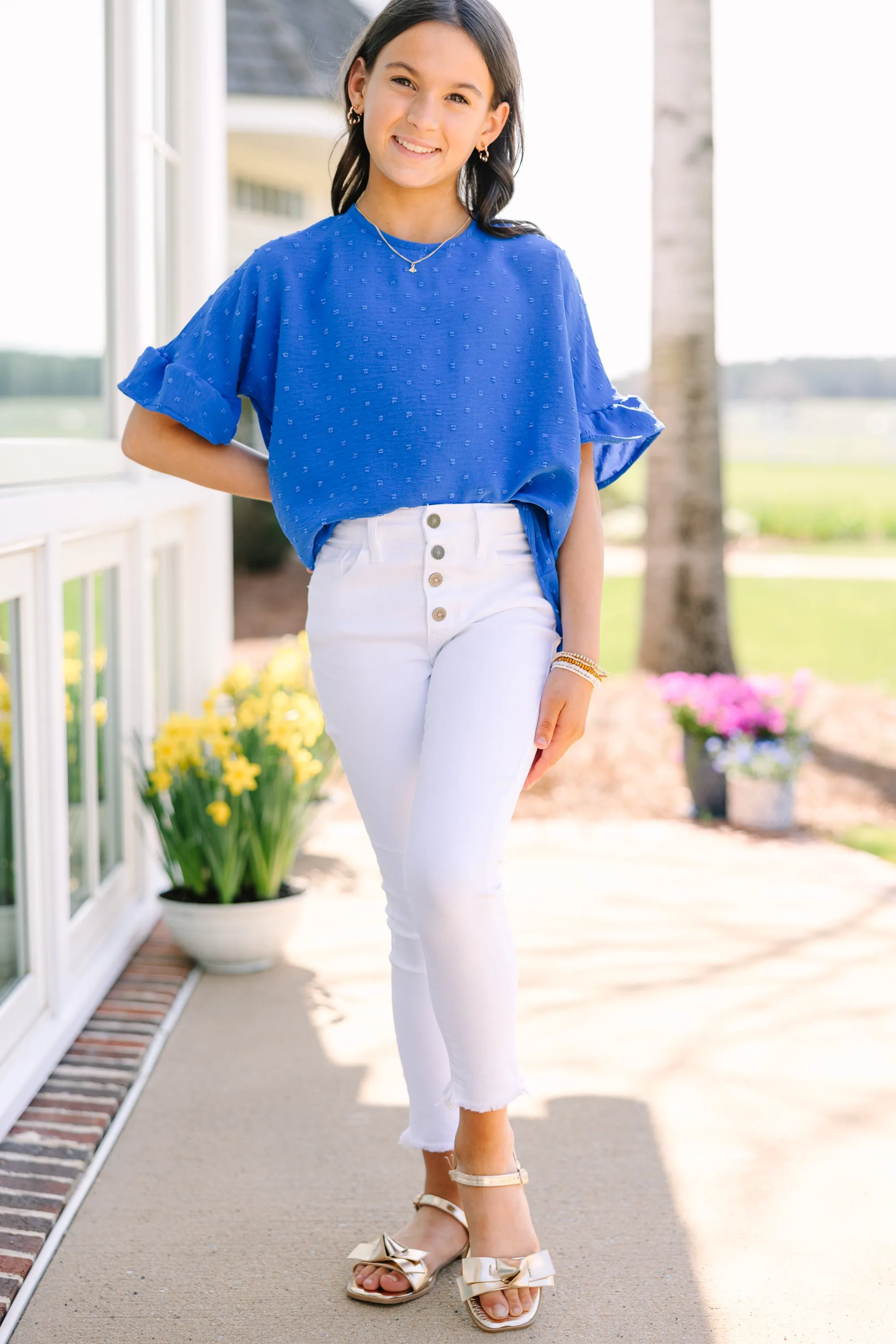 Girls: All I Ask Royal Blue Swiss Dot Ruffled Top