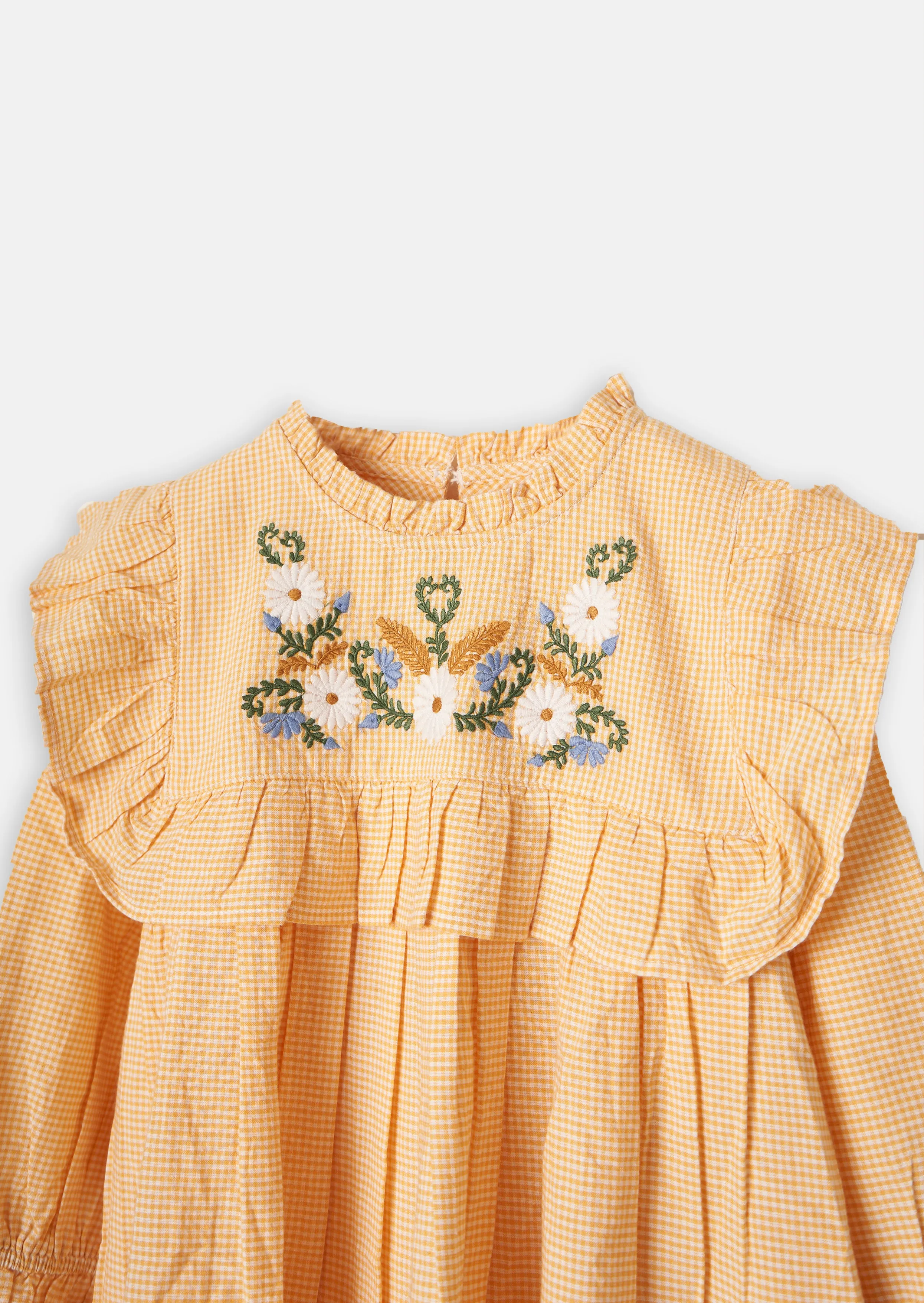 Girls Cotton Yellow Floral Embroidered Dress