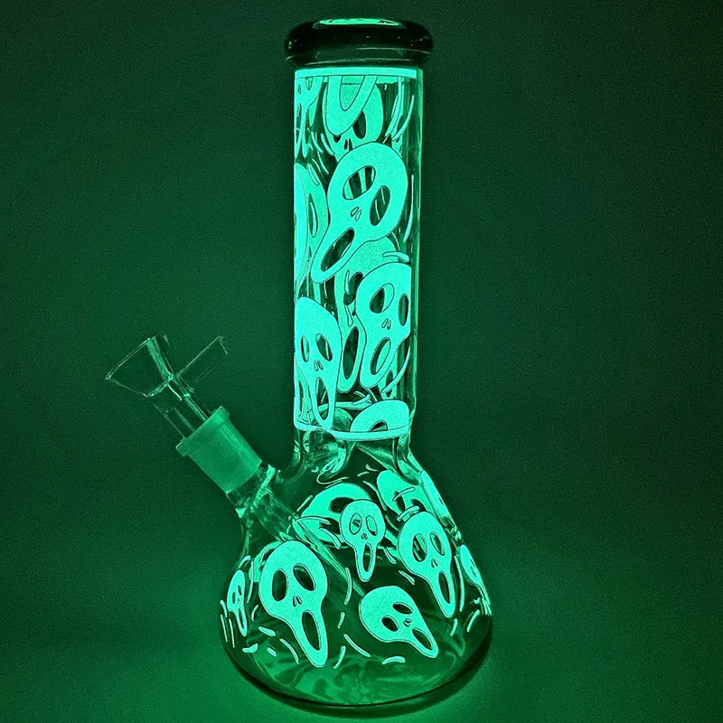 Glass beaker bong with glow-in-the-dark Ghost mask