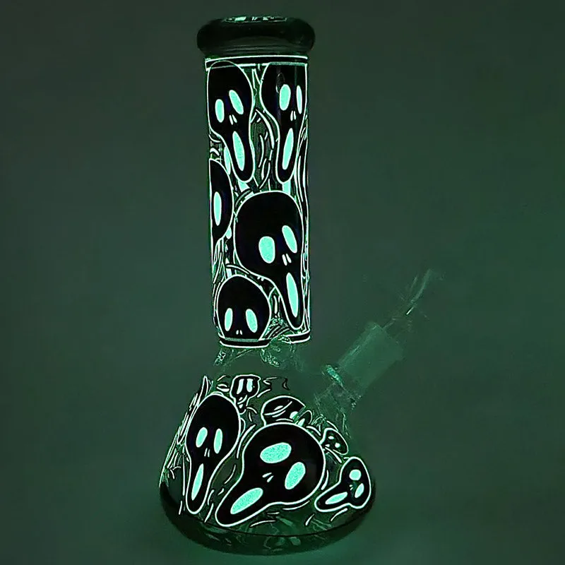 Glass beaker bong with glow-in-the-dark Ghost mask