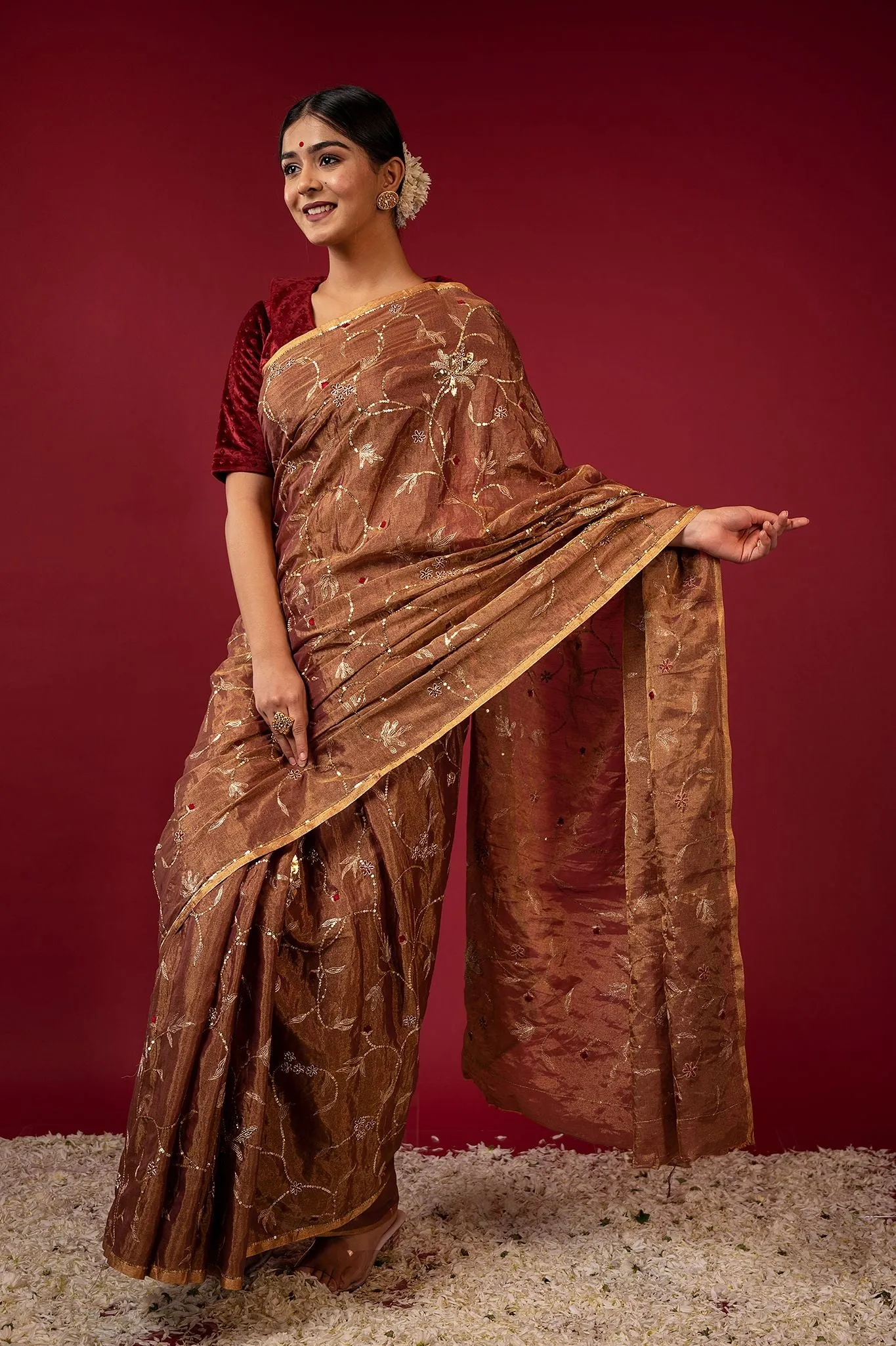 Handloom Tissue Rust Saree