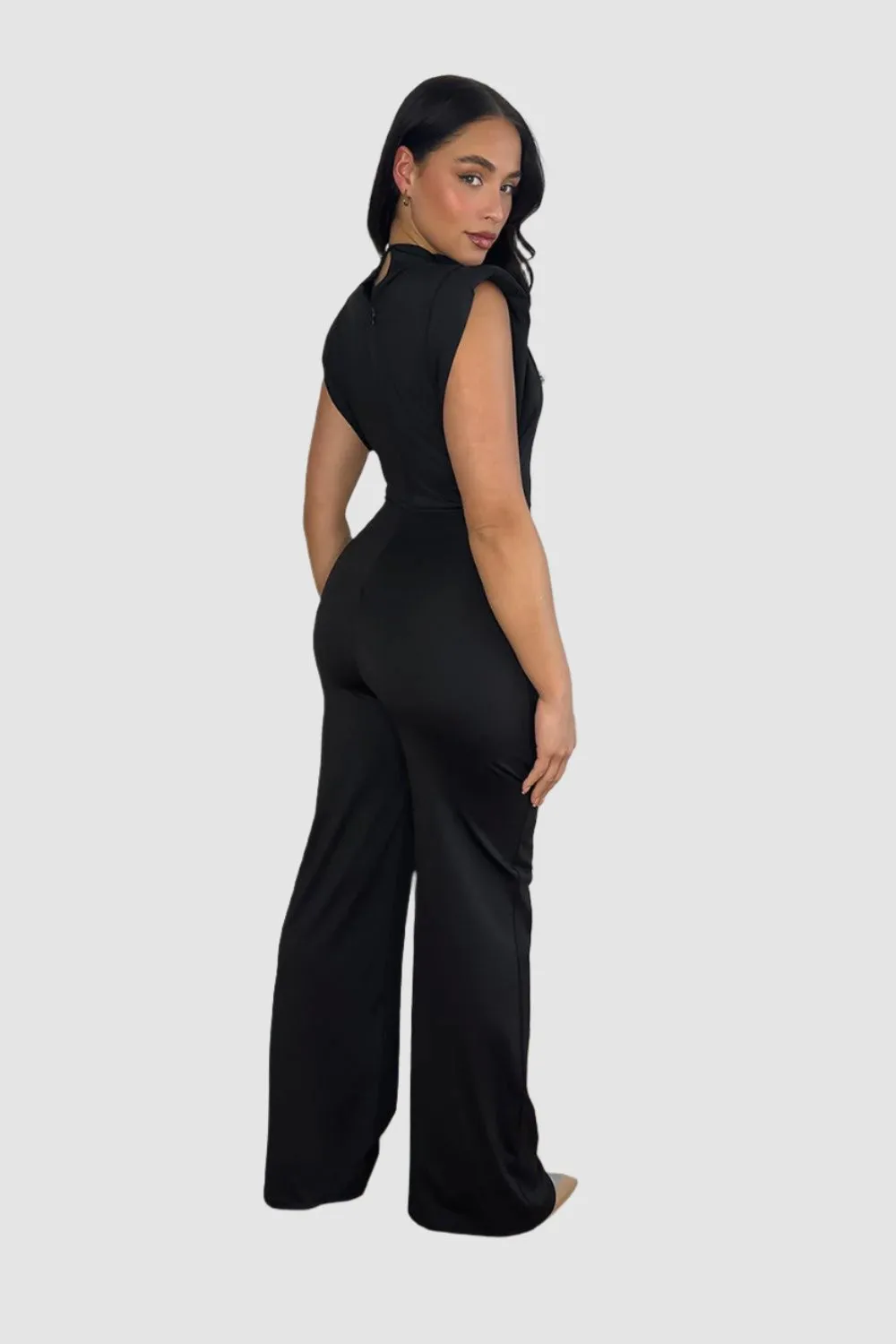 High Neck Short Sleeve Drapped Jumpsuit