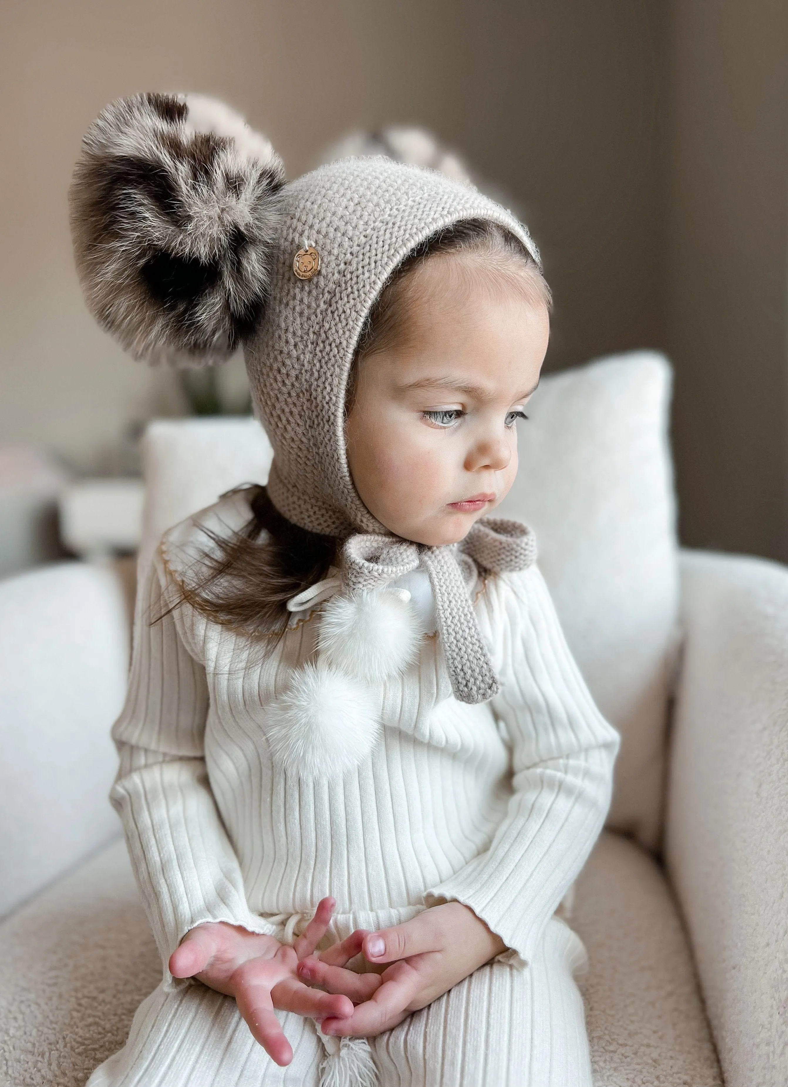 Honeycomb Beige Cashmere Bonnet with Animal Print Poms