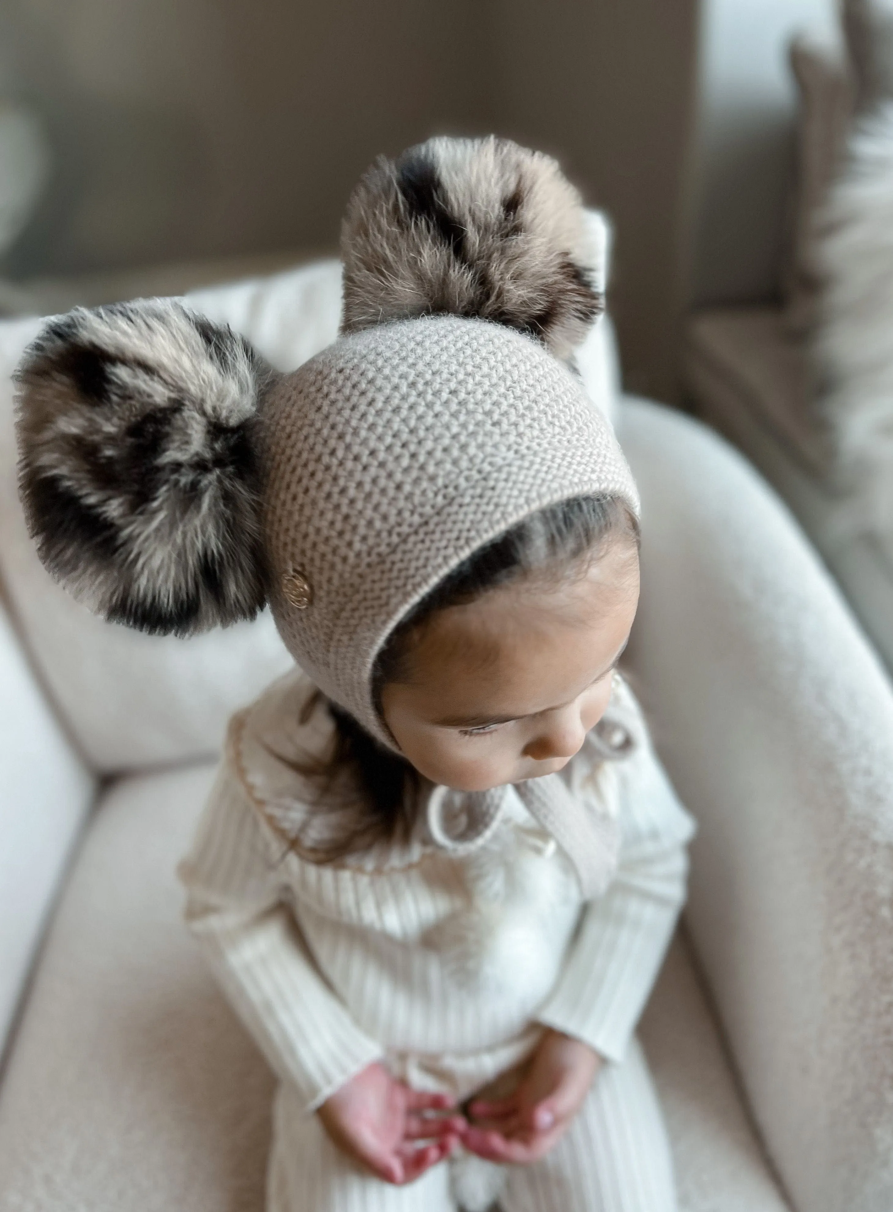 Honeycomb Beige Cashmere Bonnet with Animal Print Poms