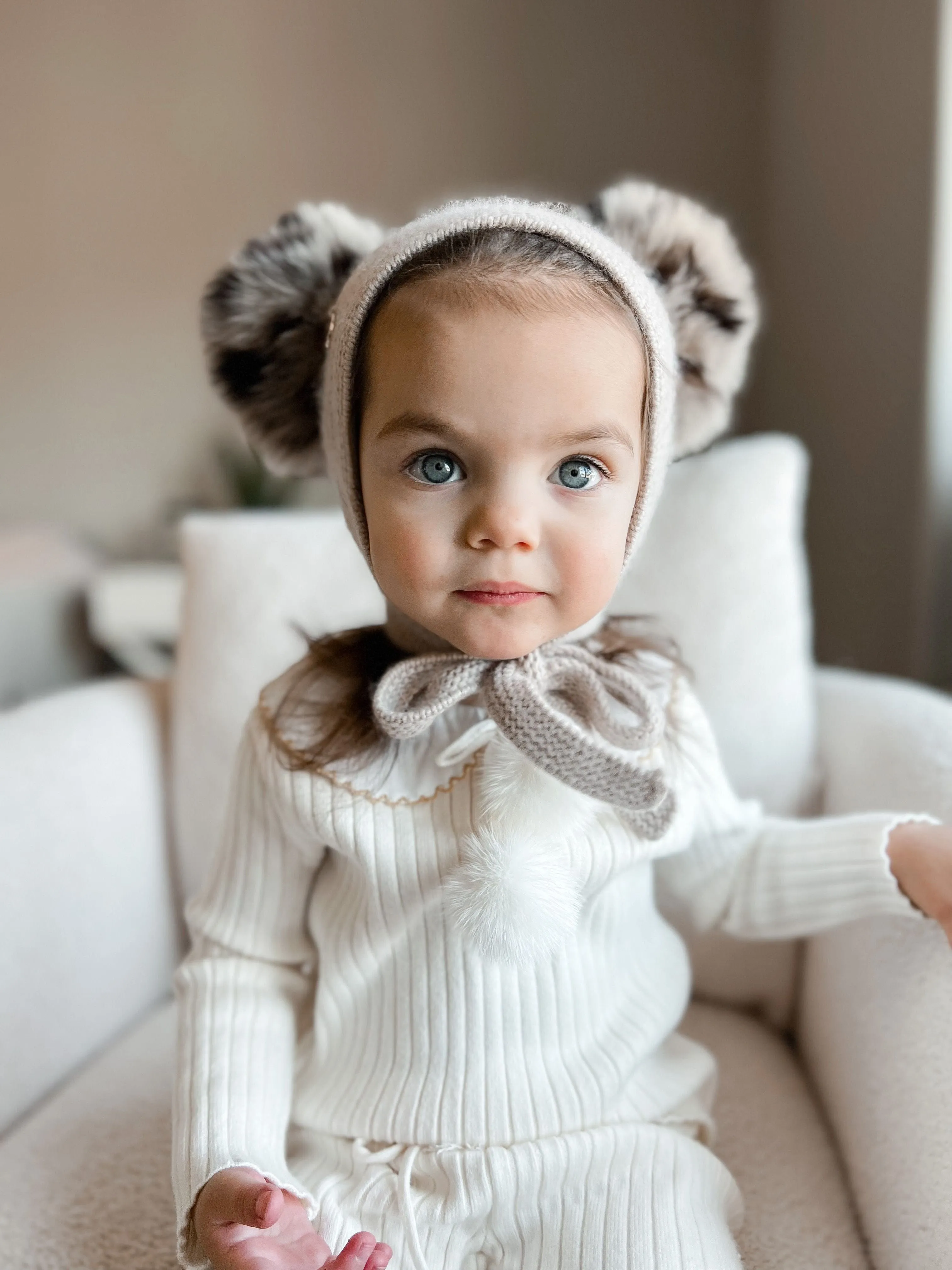 Honeycomb Beige Cashmere Bonnet with Animal Print Poms