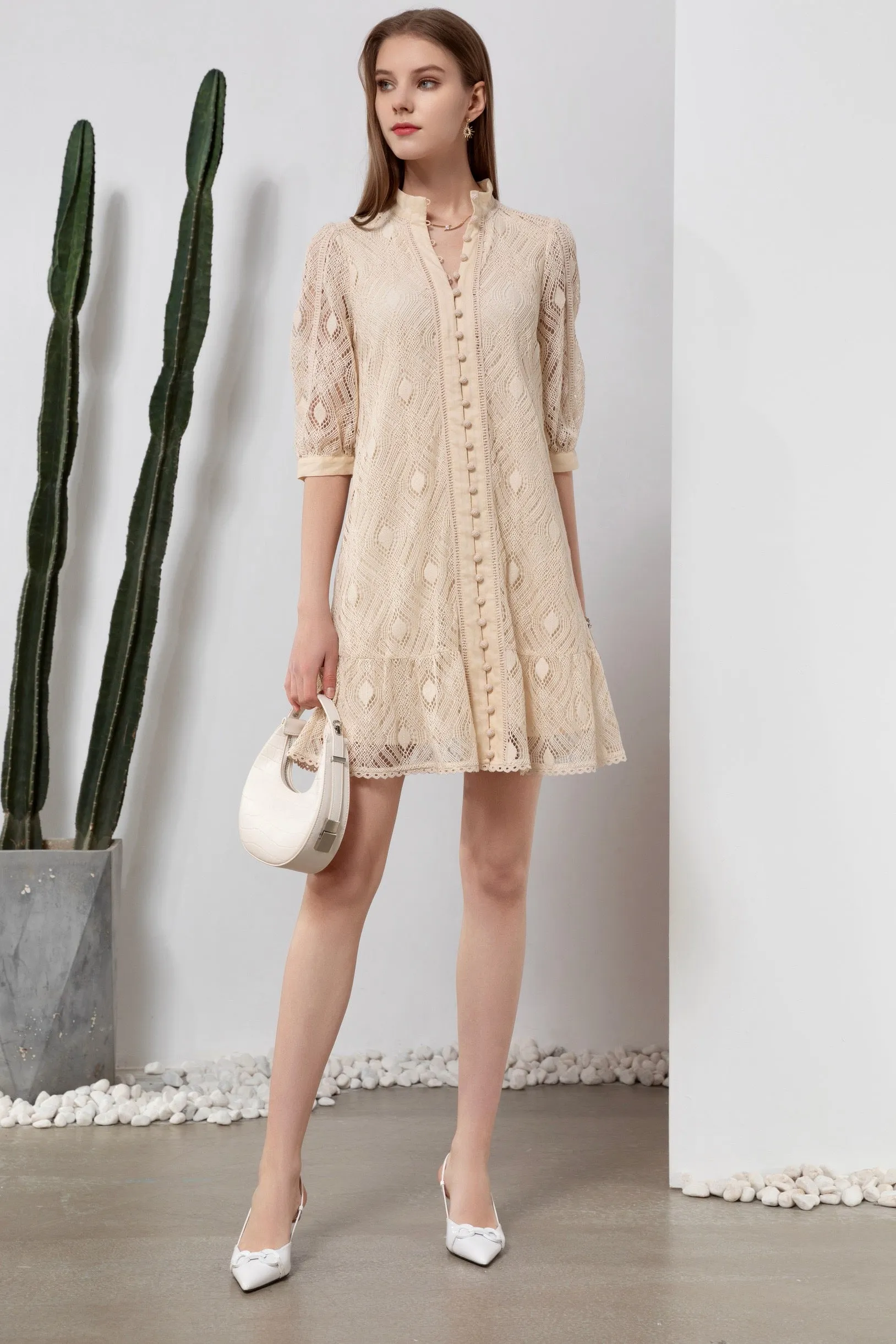 Isadore Lace Mini Dress - Cream/Beige