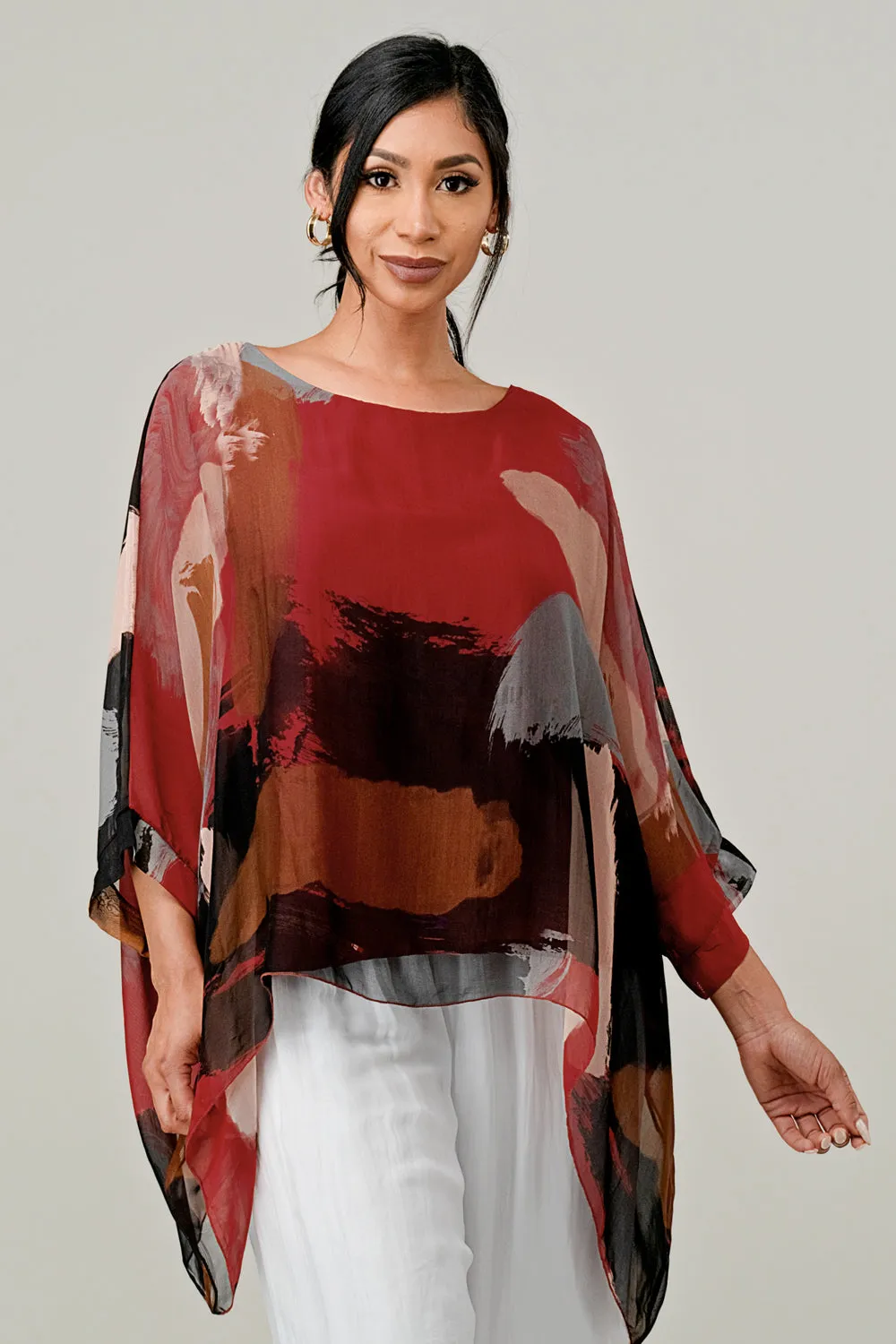 Italian Hand Painted Pattern Raw Moda Silk Top