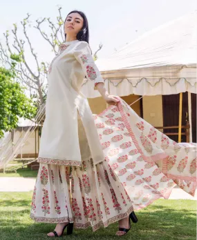 Ivory Block Printed and Embroidered Kurta